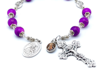 Saint Clare unique rosary beads prayer chaplet with purple gemstone beads, silver crucifix and end medal.