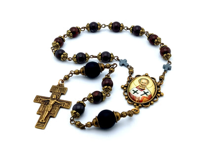 Saint John Chrysostom unique rosary beads with deep red gemstone and onyx beads, bronze crucifix and picture centre medal.