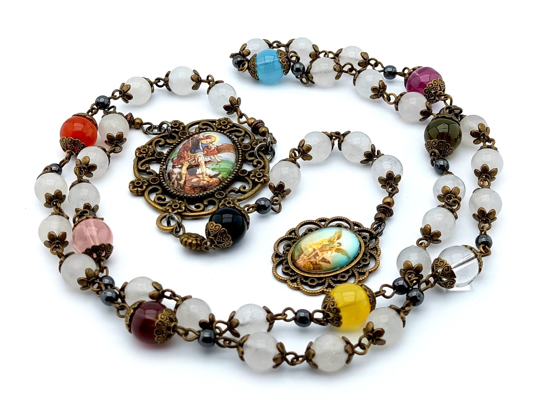 Saint Michael unique rosary beads prayer chaplet with opal and coloured gemstone beads, bronze large picture centre medal and end medal.