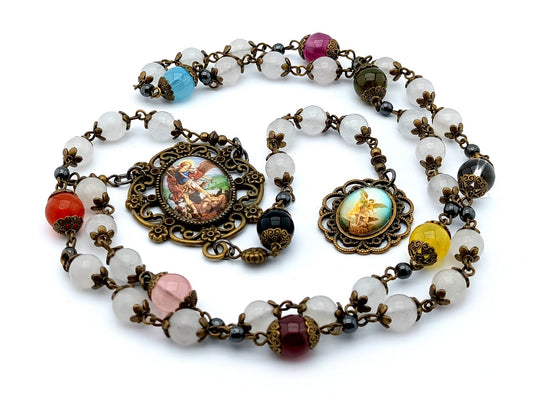 Saint Michael unique rosary beads prayer chaplet with opal and coloured gemstone beads, bronze large picture centre medal and end medal.
