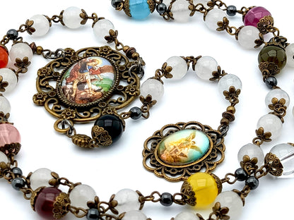 Saint Michael unique rosary beads prayer chaplet with opal and coloured gemstone beads, bronze large picture centre medal and end medal.