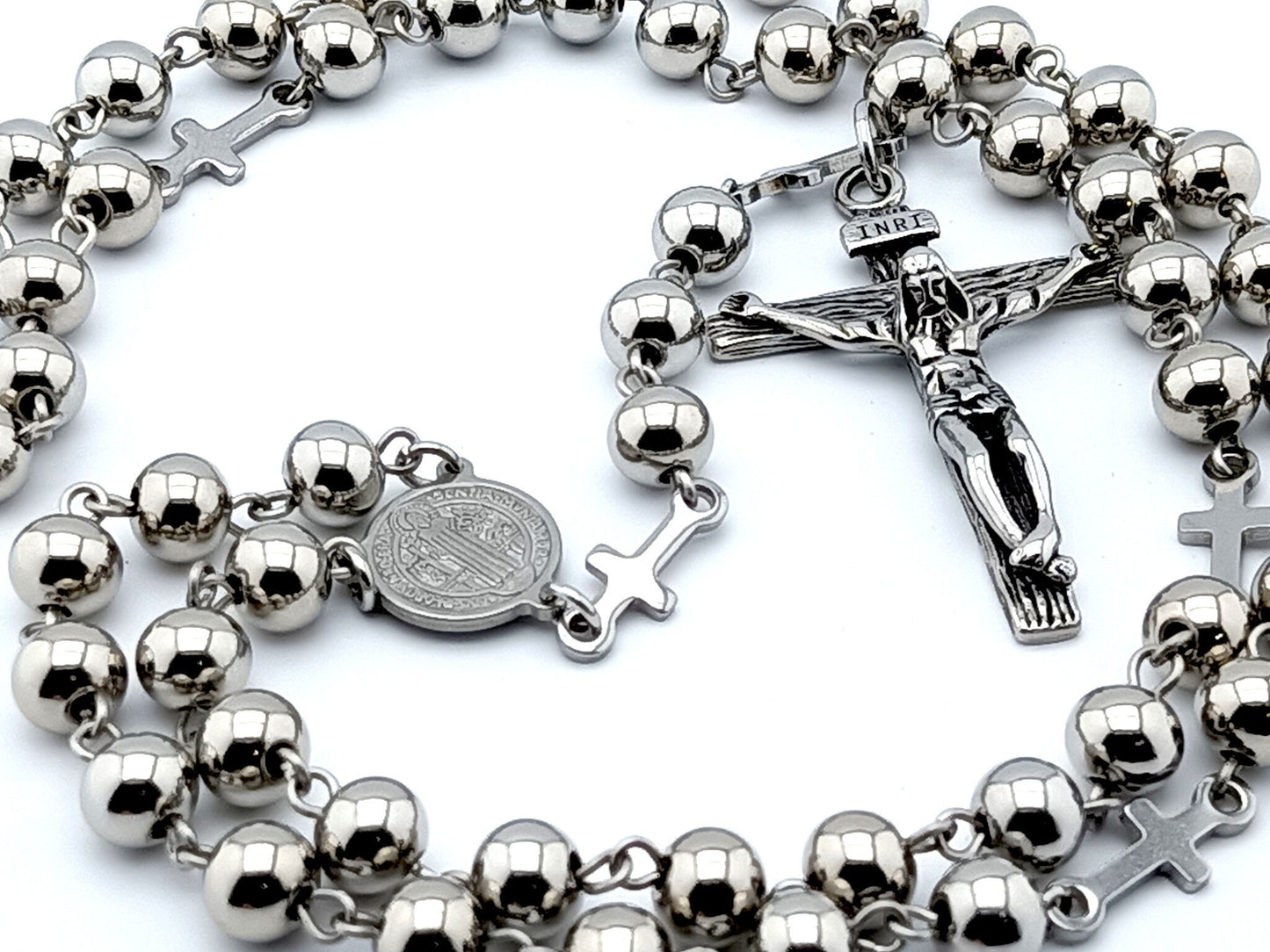 Saint Benedict unique rosary beads with stainless steel beads , crucifix, clasp and medals.