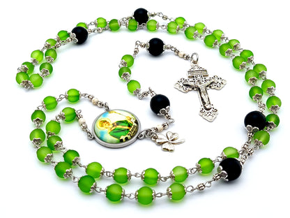 Saint Patrick unique rosary beads with green glass and matt black onyx beads, silver pardon crucifix and picture centre medal and shamrock.