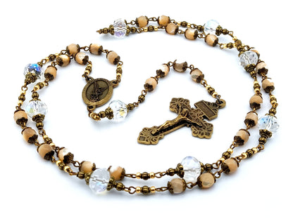 Saint Michael unique rosary beads prayer chaplet with mother of pearl and crystal beads, bronze pardon crucifix and centre medal.