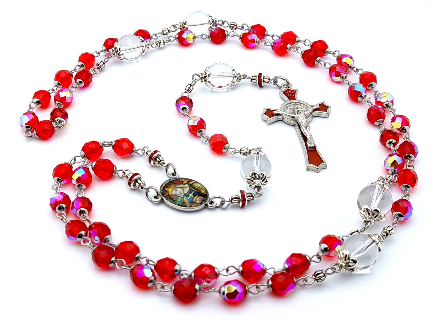Saint Margaret of Scotland unique rosary beads with red and clear glass beads, red enamel Saint Benedict crucifix and silver picture centre medal.