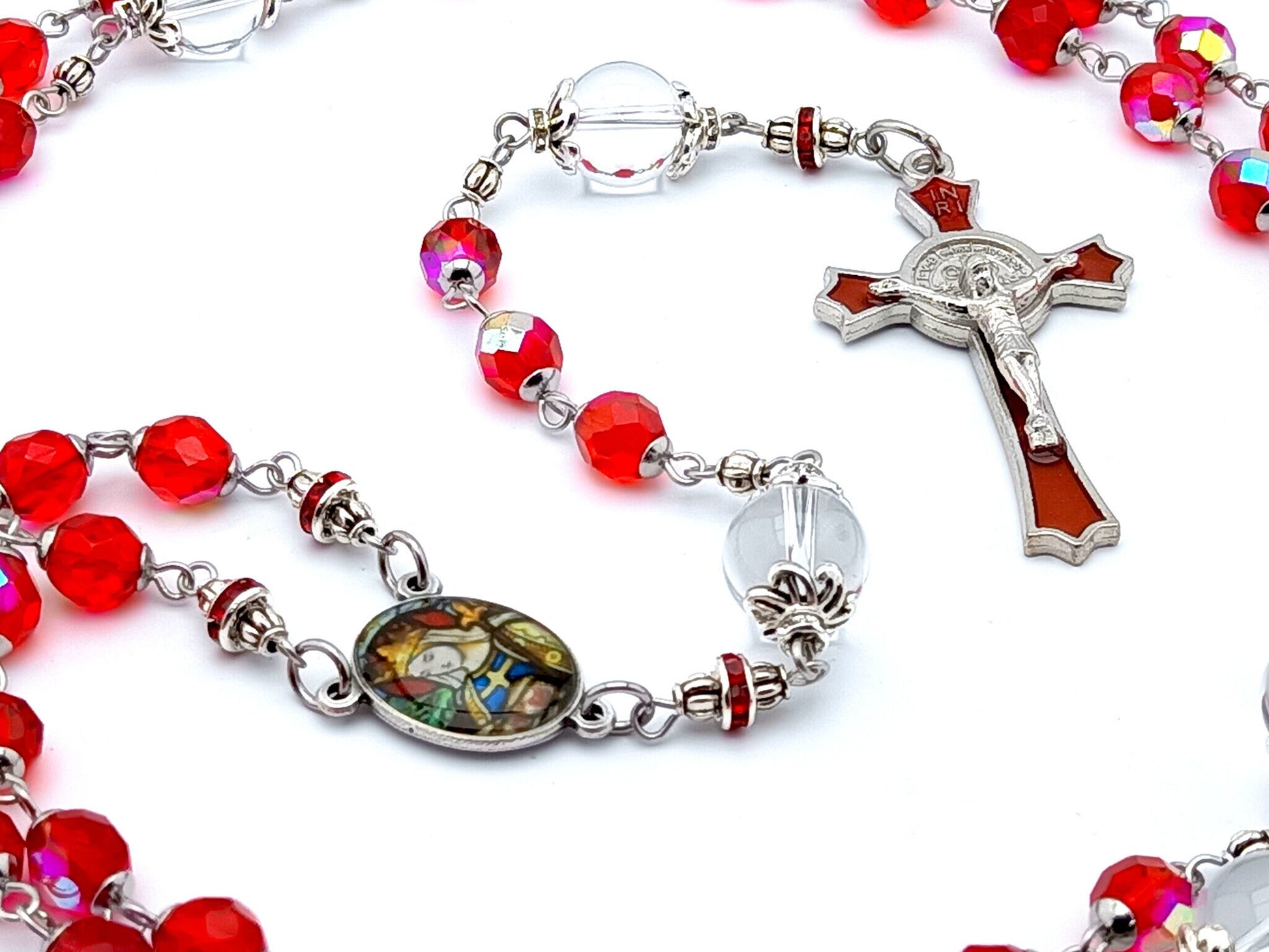 Saint Margaret of Scotland unique rosary beads with red and clear glass beads, red enamel Saint Benedict crucifix and silver picture centre medal.