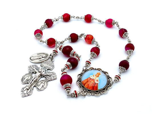Infant of Prague unique rosary beads prayer chaplet with red agate gemstone beads, silver pardon crucifix and centre picture medal.