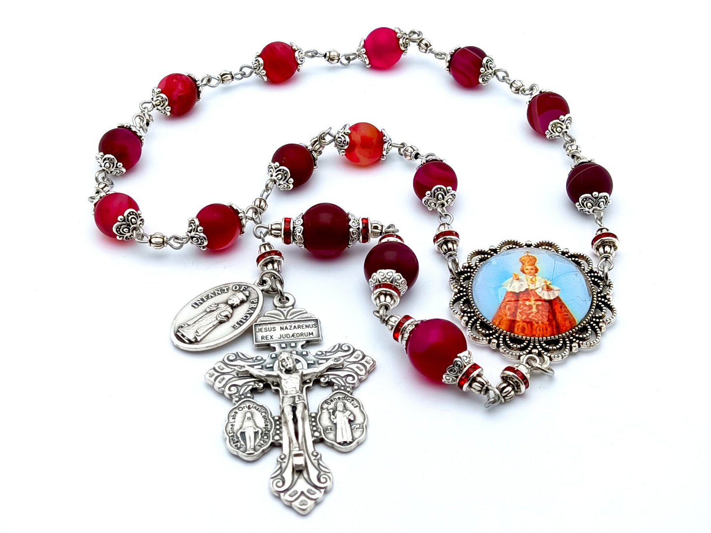 Infant of Prague unique rosary beads prayer chaplet with red agate gemstone beads, silver pardon crucifix and centre picture medal.