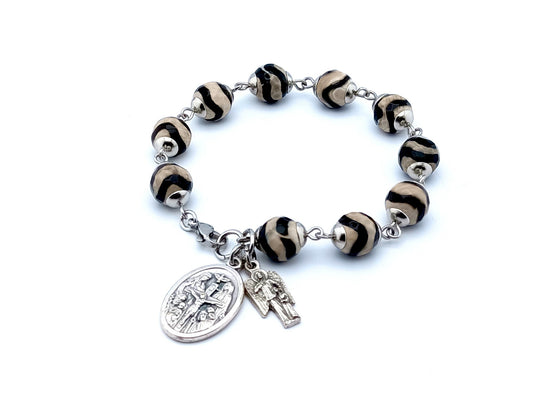 Holy Trinity unique rosary beads single decade rosary bracelet with striped gemstone beads, stainless steel clasp and silver medals.