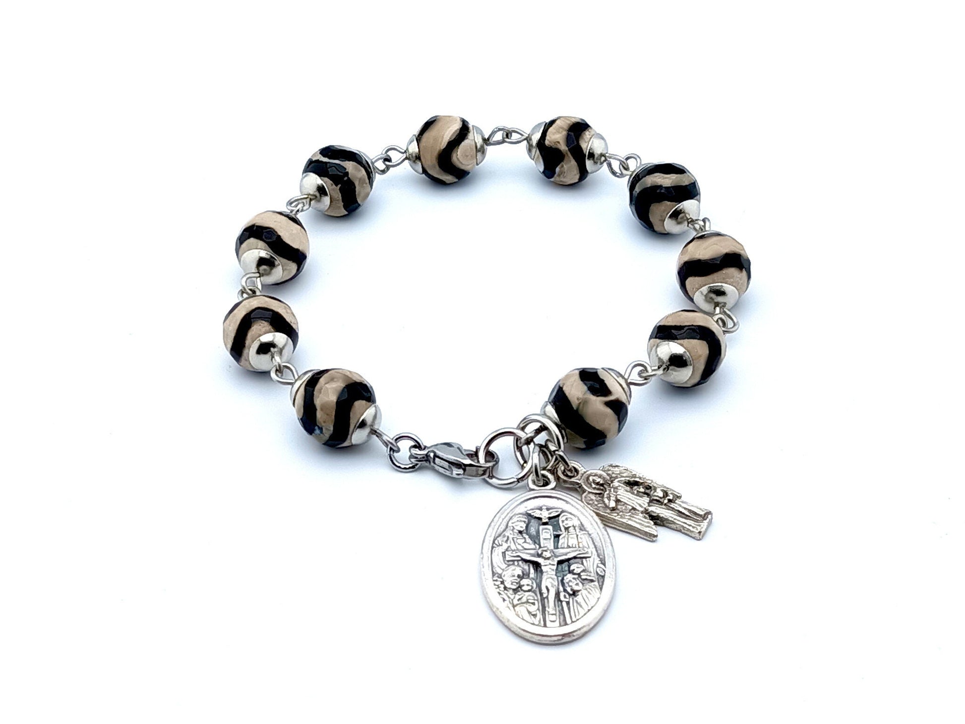 Holy Trinity unique rosary beads single decade rosary bracelet with striped gemstone beads, stainless steel clasp and silver medals.