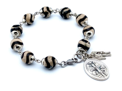 Holy Trinity unique rosary beads single decade rosary bracelet with striped gemstone beads, stainless steel clasp and silver medals.