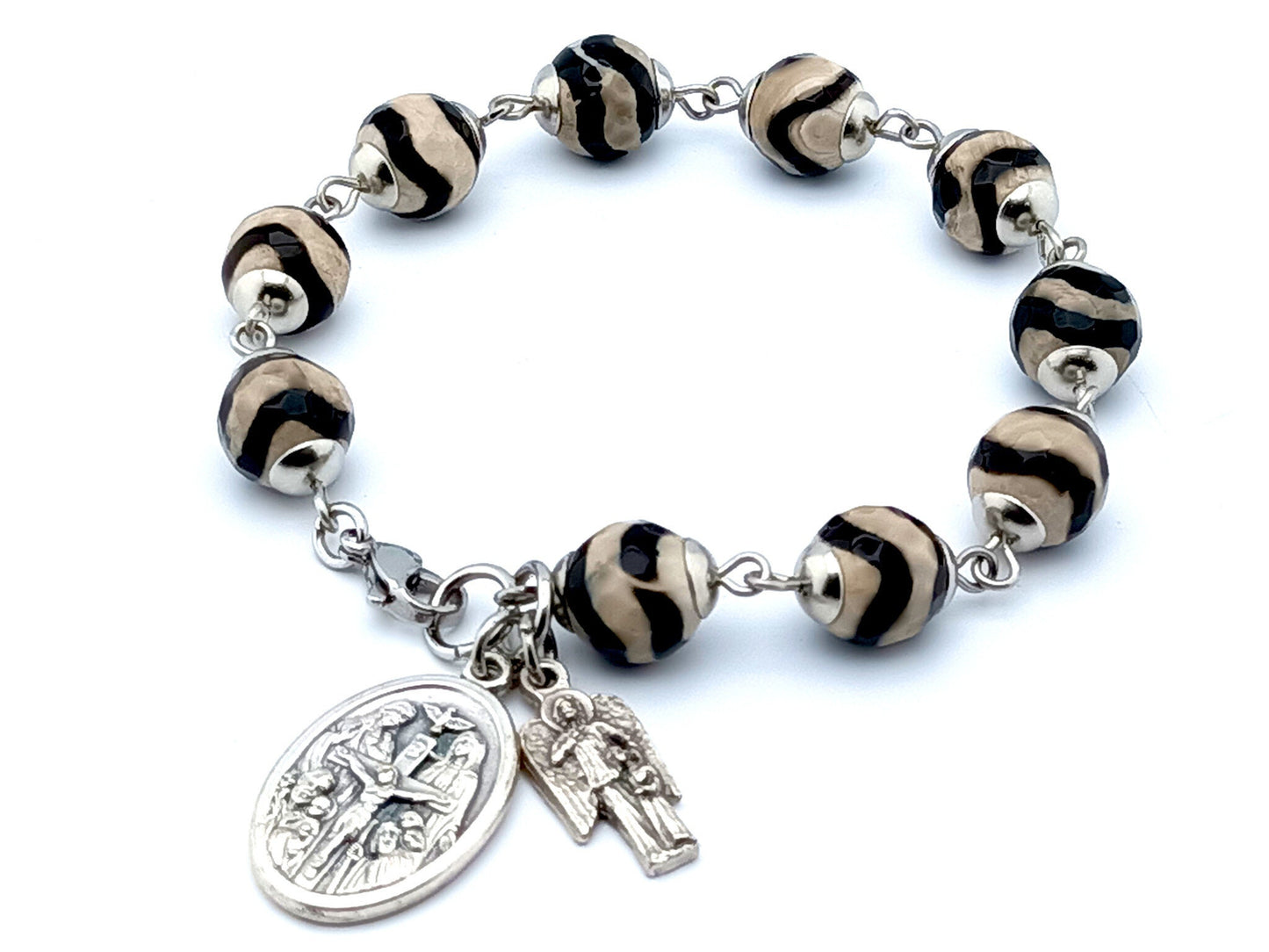 Holy Trinity unique rosary beads single decade rosary bracelet with striped gemstone beads, stainless steel clasp and silver medals.