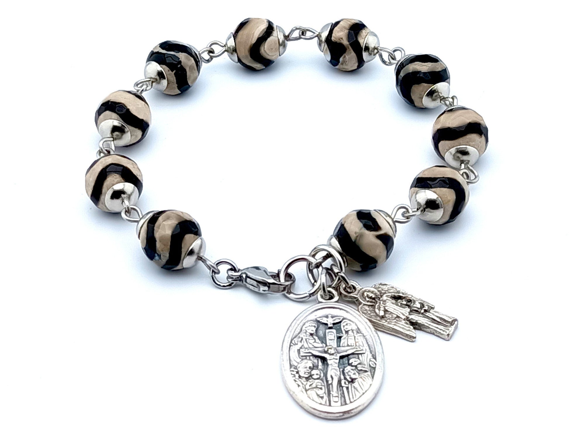 Holy Trinity unique rosary beads single decade rosary bracelet with striped gemstone beads, stainless steel clasp and silver medals.