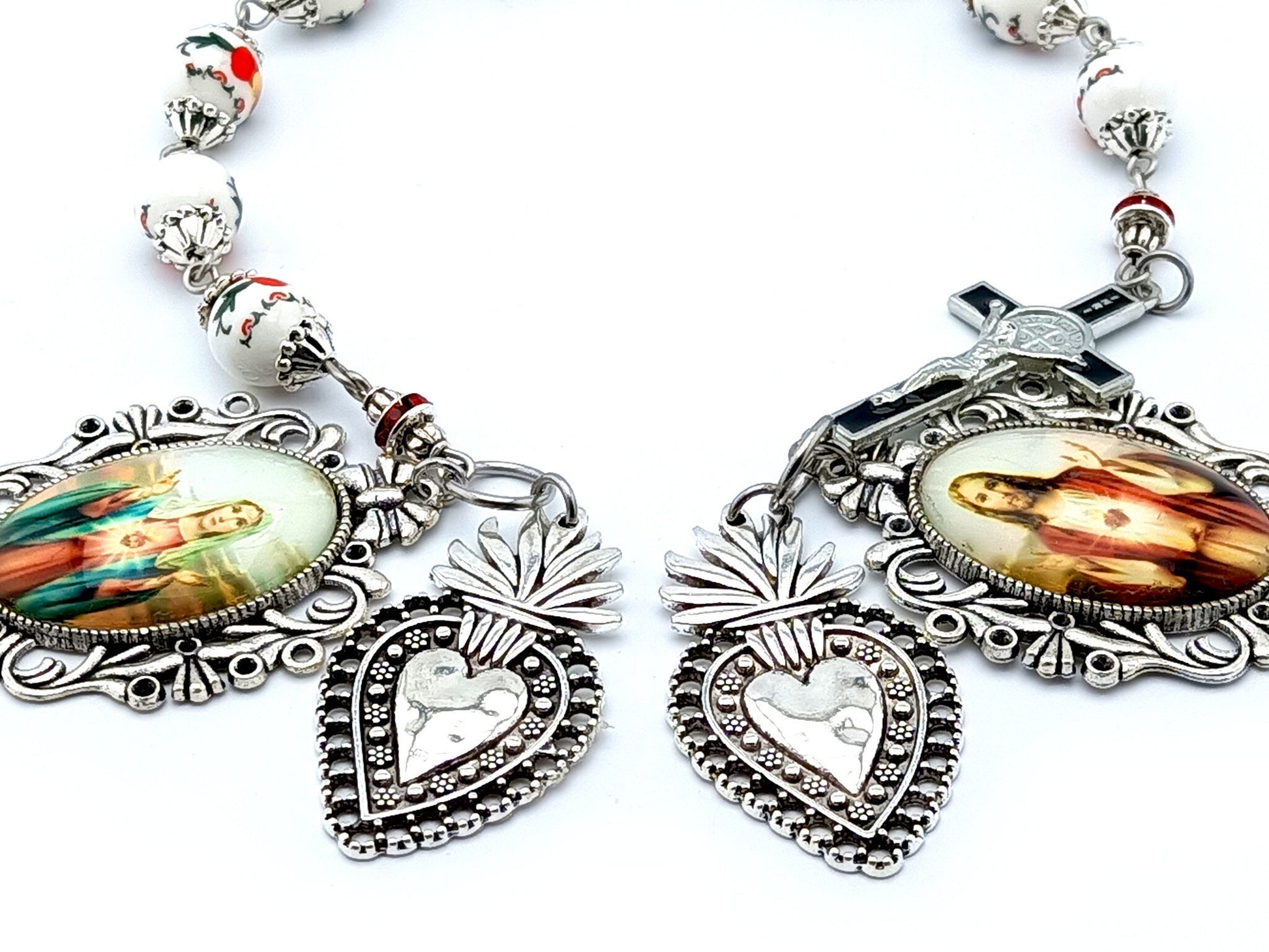 Sacred Heart of Jesus and Immaculate Heart of Mary unique rosary beads prayer chaplet with porcleain beads, silver heart medals and large picture medal.
