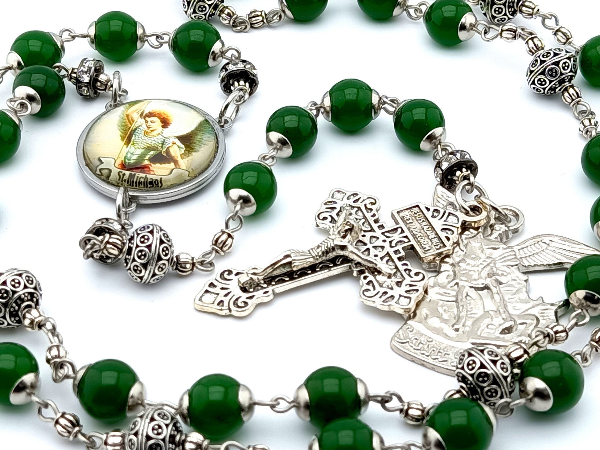 Saint Michael unique rosary beads prayer chaplet with green gemstone and silver beads, silver pardon crucifix and picture centre medal.