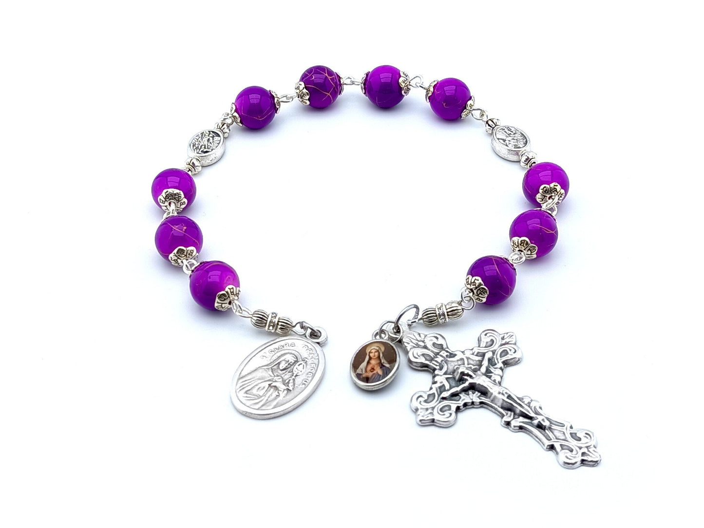 Saint Clare unique rosary beads prayer chaplet with purple gemstone beads, silver crucifix and end medal.