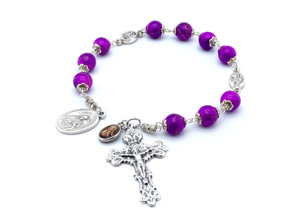 Saint Clare unique rosary beads prayer chaplet with purple gemstone beads, silver crucifix and end medal.