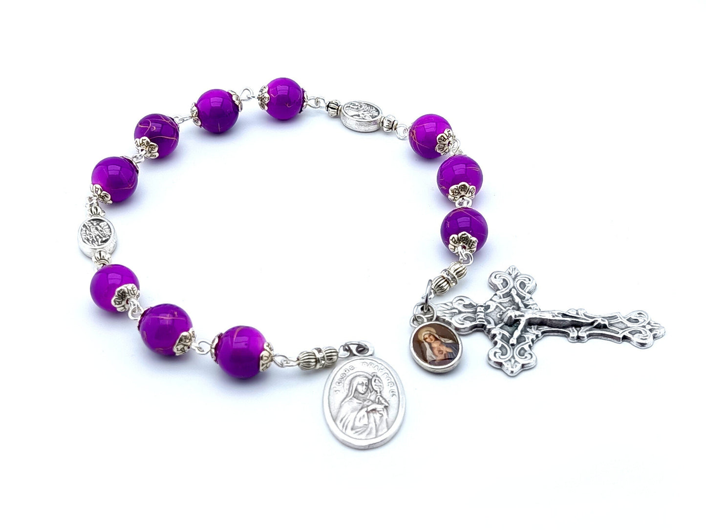 Saint Clare unique rosary beads prayer chaplet with purple gemstone beads, silver crucifix and end medal.