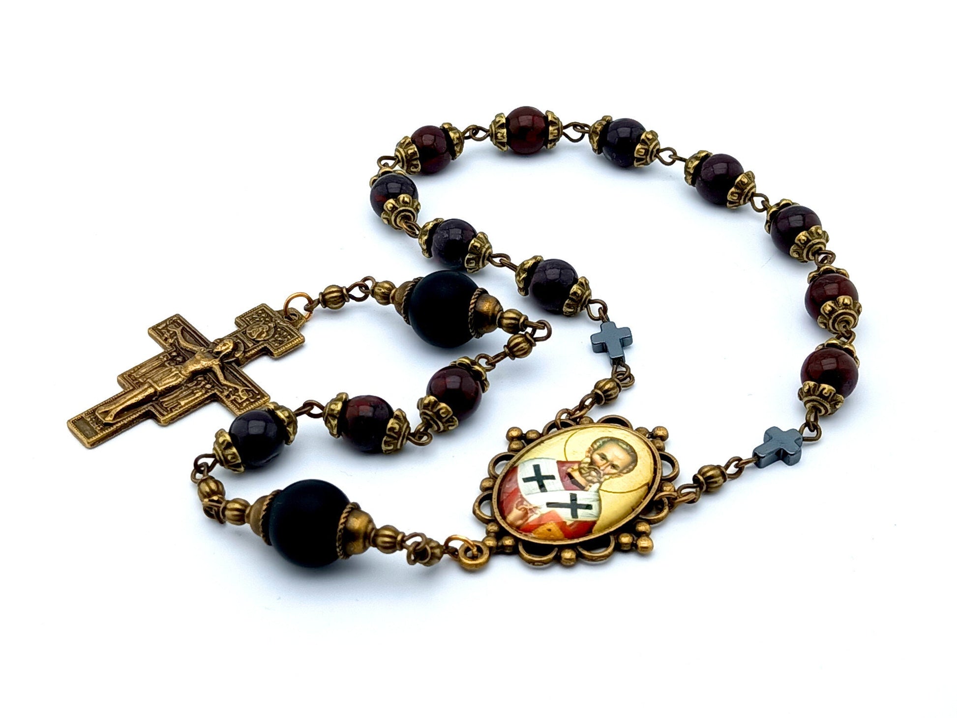 Saint John Chrysostom unique rosary beads with deep red gemstone and onyx beads, bronze crucifix and picture centre medal.