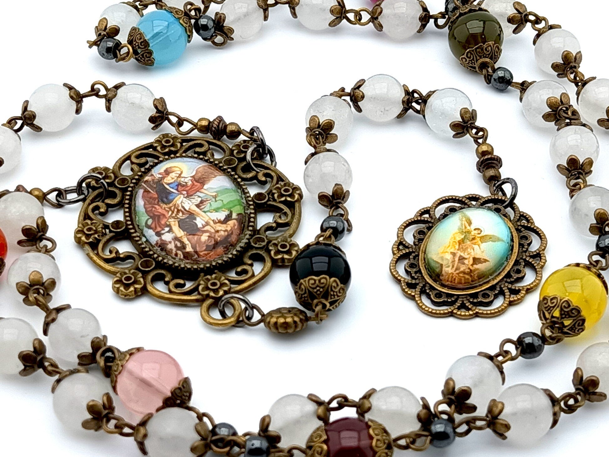 Saint Michael unique rosary beads prayer chaplet with opal and coloured gemstone beads, bronze large picture centre medal and end medal.