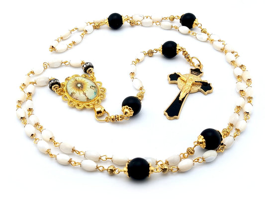 Holy Eucharist unique rosary beads with mother of pearl and matt black onyx beads, black and gold enamel crucifix and golden picture centre medal.