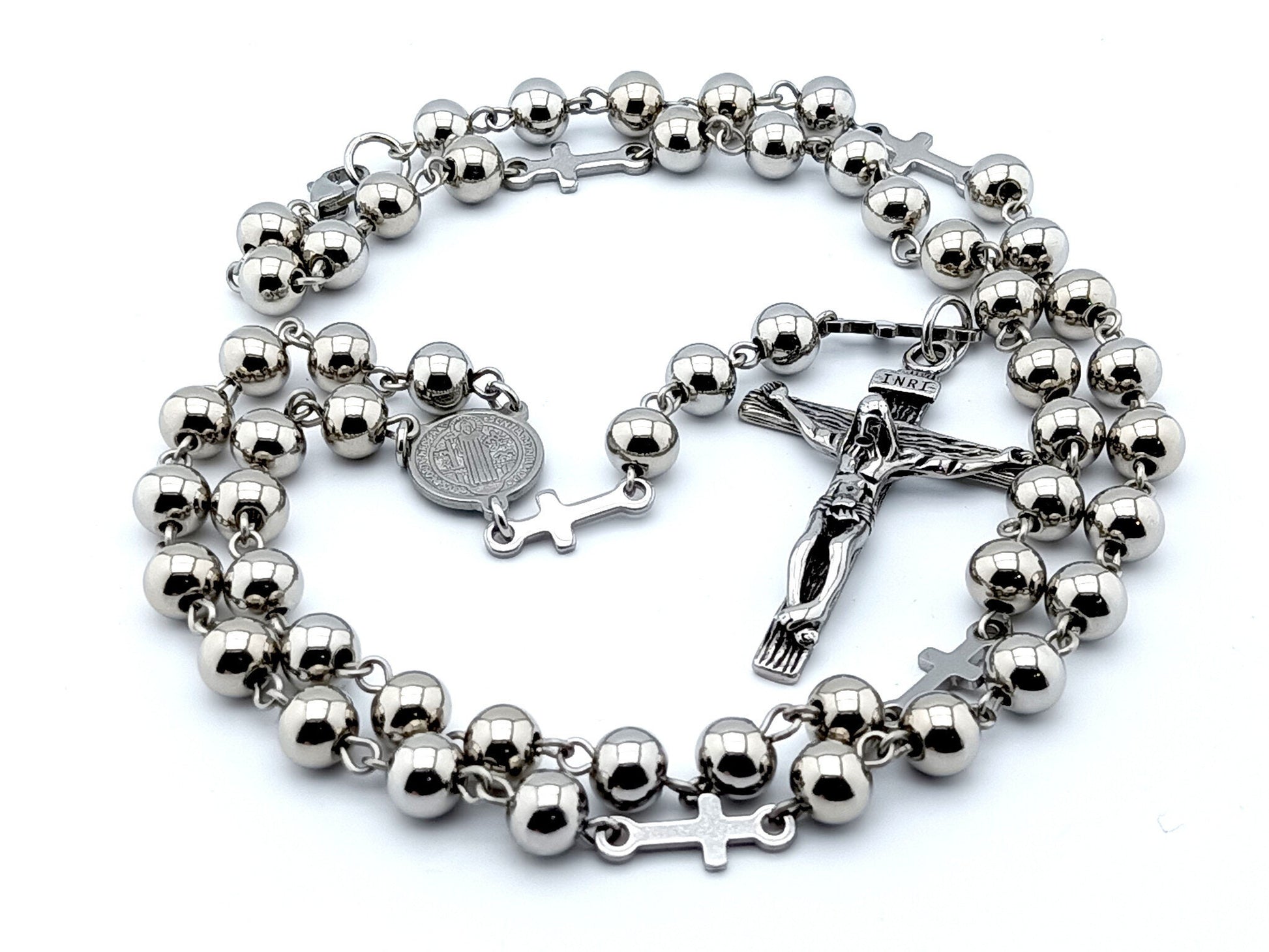 Saint Benedict unique rosary beads with stainless steel beads , crucifix, clasp and medals.