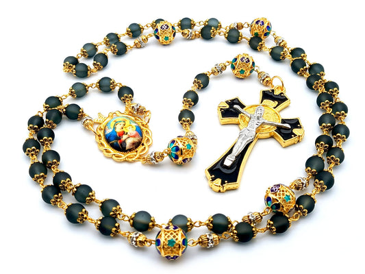 Our Lady of Perpetual Help unique rosary beads with black and gold glass beads, black and gold enamel crucifix and gold picture centre medal.
