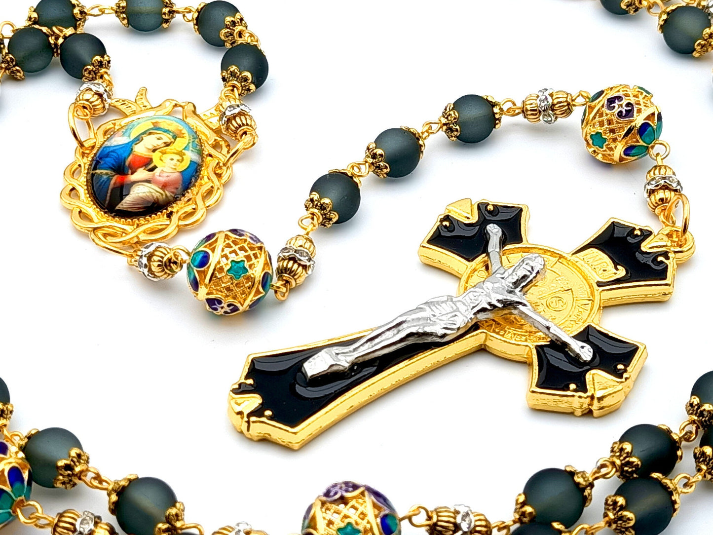 Our Lady of Perpetual Help unique rosary beads with black and gold glass beads, black and gold enamel crucifix and gold picture centre medal.