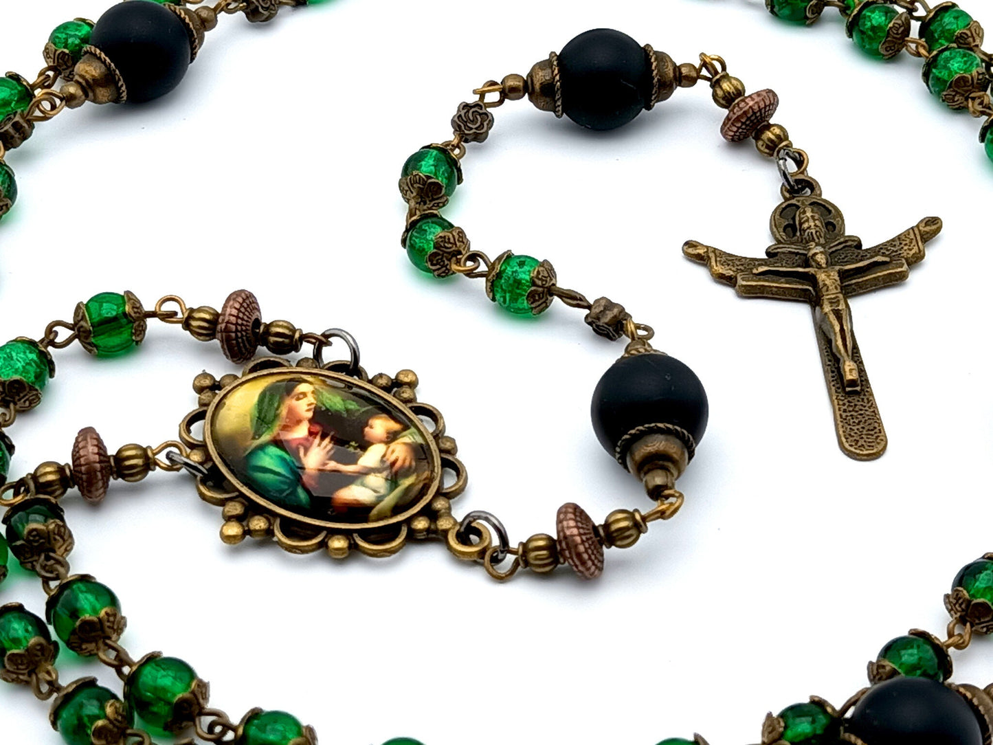 Virgin Mother and child unique rosary beads with green glass and black matt onyx beads, bronze crucifix and picture centre medal.