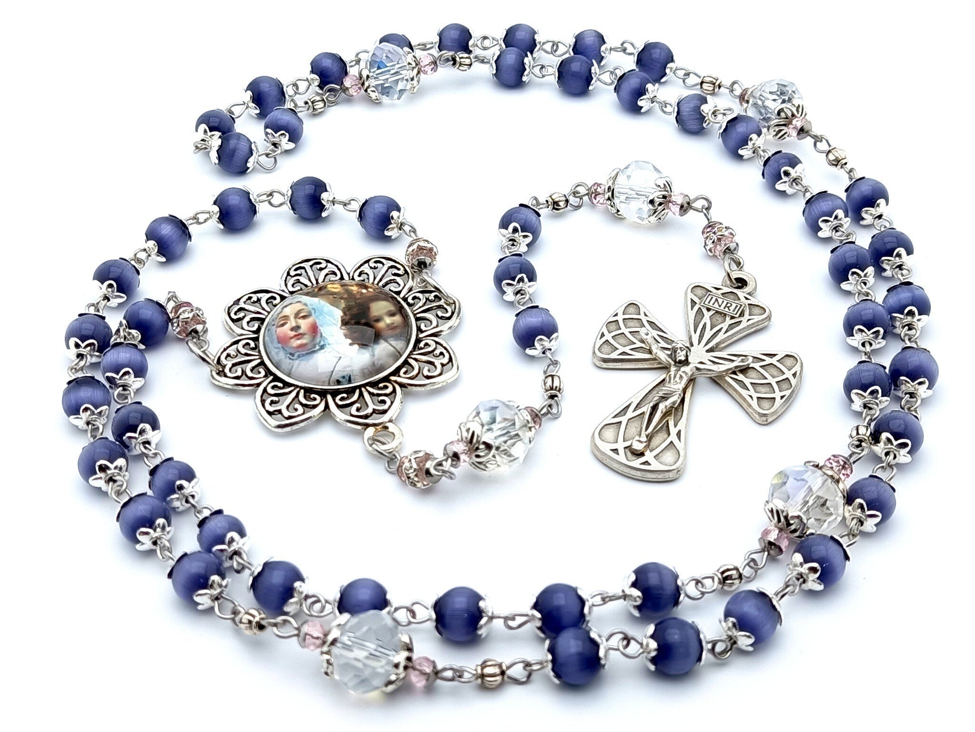 Our Lady of Good Success unique rosary beads with purple tigers eye and clear glass beads, silver harlequin crucifix and picture centre medal.