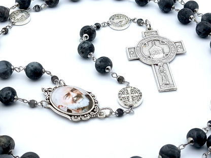 Saint Padre Pio unique rosary beads with dark grey gemstone beads, silver pater beads, crucifix and picture centre medal.