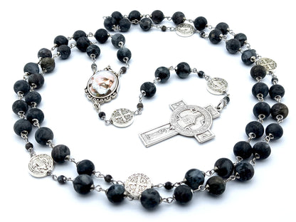 Saint Padre Pio unique rosary beads with dark grey gemstone beads, silver pater beads, crucifix and picture centre medal.