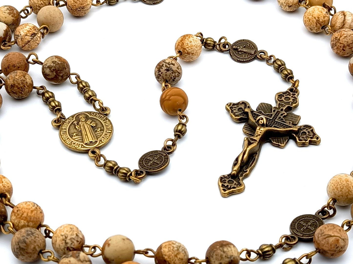 Saint Benedict unique rosary beads with natural jasper gemstone beads, bronze crucifix, pater beads and centre medal.