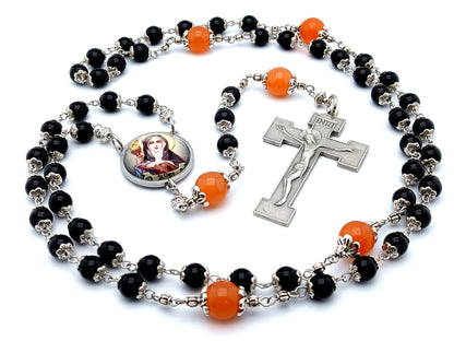 Saint Clare unique rosary beads with black onyx and tangerine gemstone beads, silver crucifix and picture centre medal.