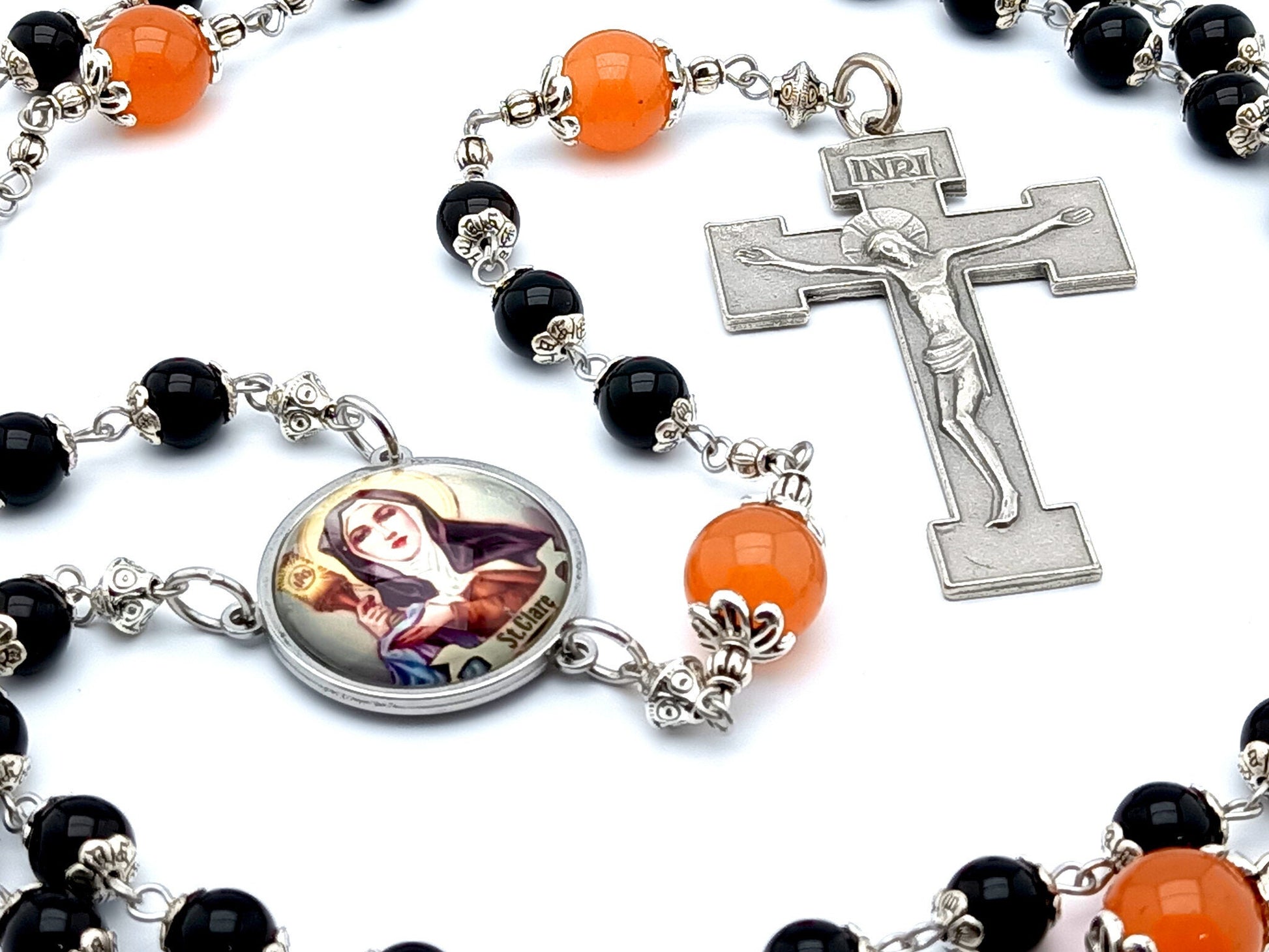 Saint Clare unique rosary beads with black onyx and tangerine gemstone beads, silver crucifix and picture centre medal.