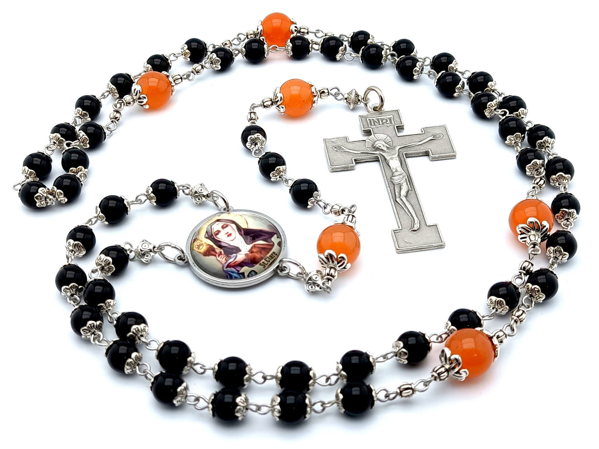 Saint Clare unique rosary beads with black onyx and tangerine gemstone beads, silver crucifix and picture centre medal.