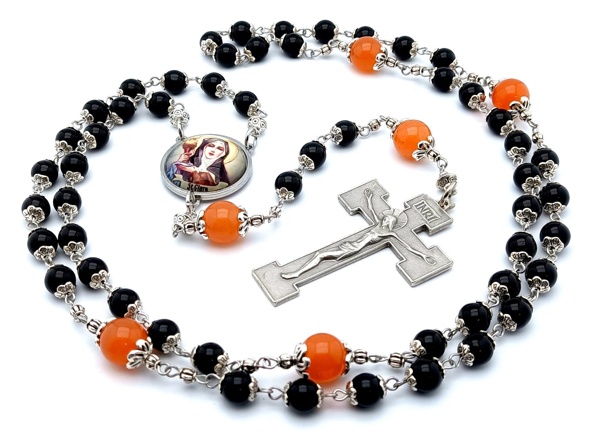 Saint Clare unique rosary beads with black onyx and tangerine gemstone beads, silver crucifix and picture centre medal.