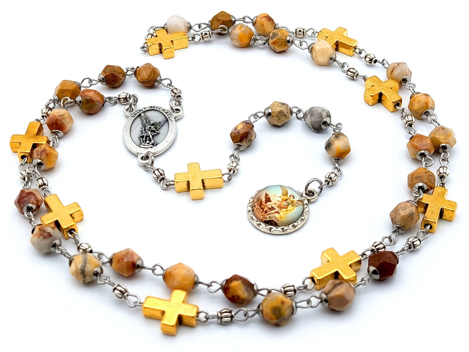 Saint Michael unique rosary beads prayer chaplet with natural faceted gemstone and golden cross beads, silver picture end medal and centre medal.