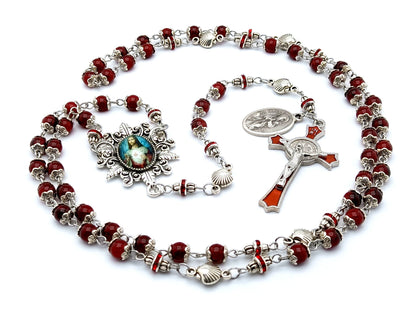 Sacred Heart unique rosary beads with red glass and silver shell beads, red enamel crucifix and picture centre medal.