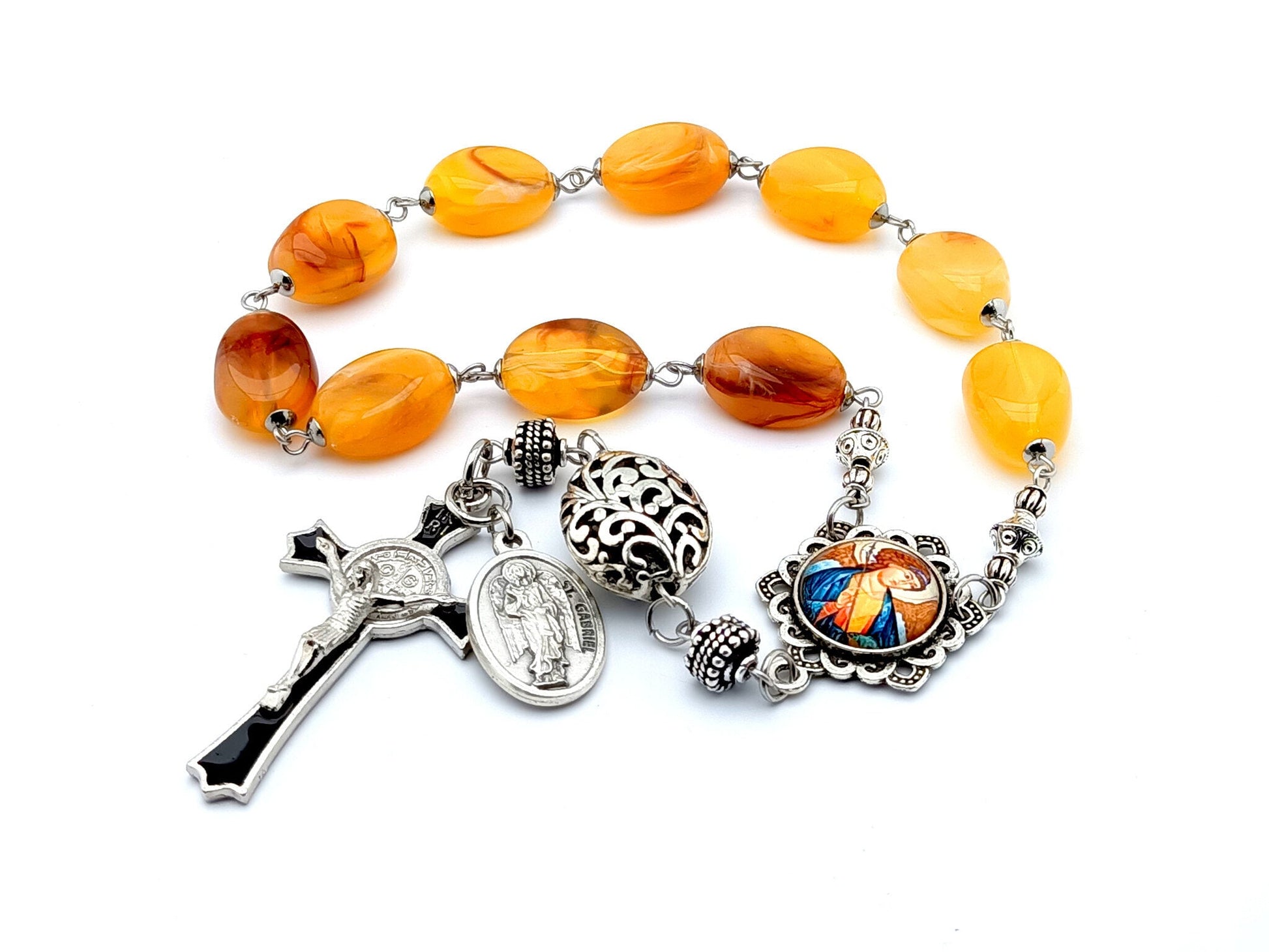 Saint Gabriel unique rosary beads single decade rosary with amber gemstone beads, silver and black enamel crucifix and picture centre medal.