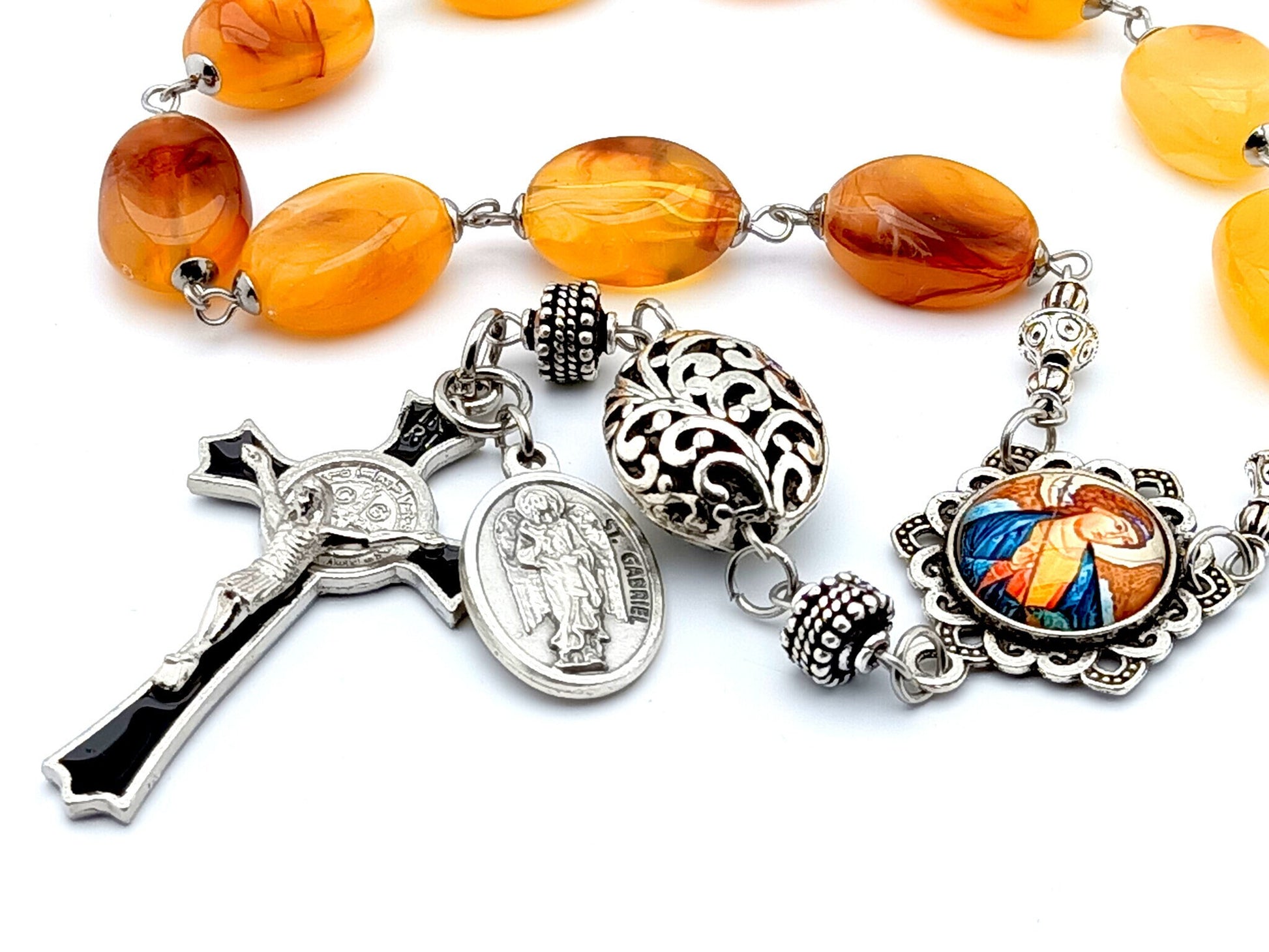 Saint Gabriel unique rosary beads single decade rosary with amber gemstone beads, silver and black enamel crucifix and picture centre medal.