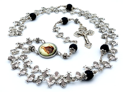 Saint Francis of Assisi unique rosary beads with silver bees and matt onyx beads, silver pardon crucifix and picture centre medal.