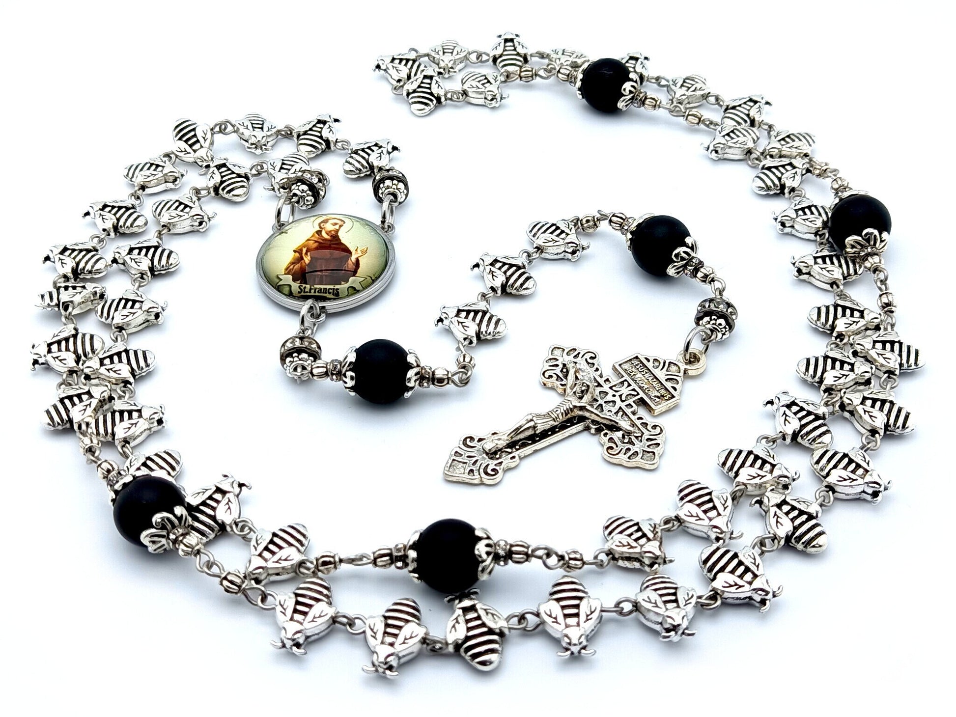 Saint Francis of Assisi unique rosary beads with silver bees and matt onyx beads, silver pardon crucifix and picture centre medal.