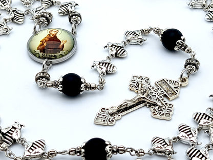 Saint Francis of Assisi unique rosary beads with silver bees and matt onyx beads, silver pardon crucifix and picture centre medal.