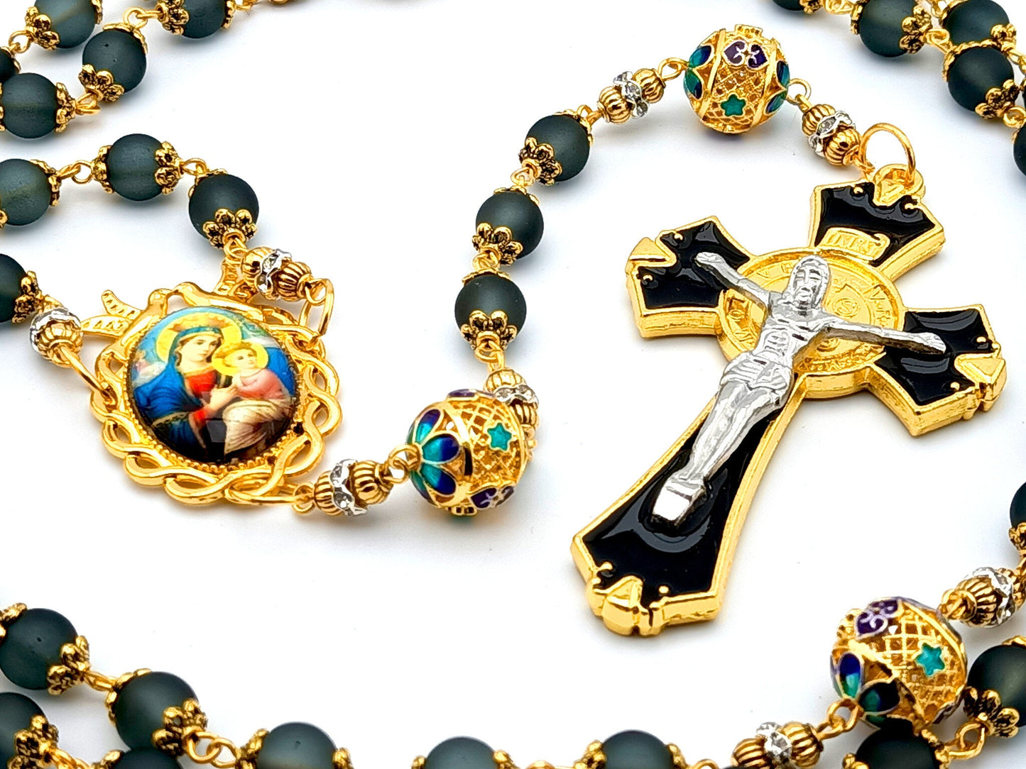 Our Lady of Perpetual Help unique rosary beads with black and gold glass beads, black and gold enamel crucifix and gold picture centre medal.