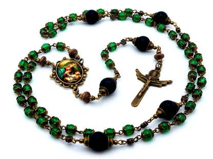 Virgin Mother and child unique rosary beads with green glass and black matt onyx beads, bronze crucifix and picture centre medal.