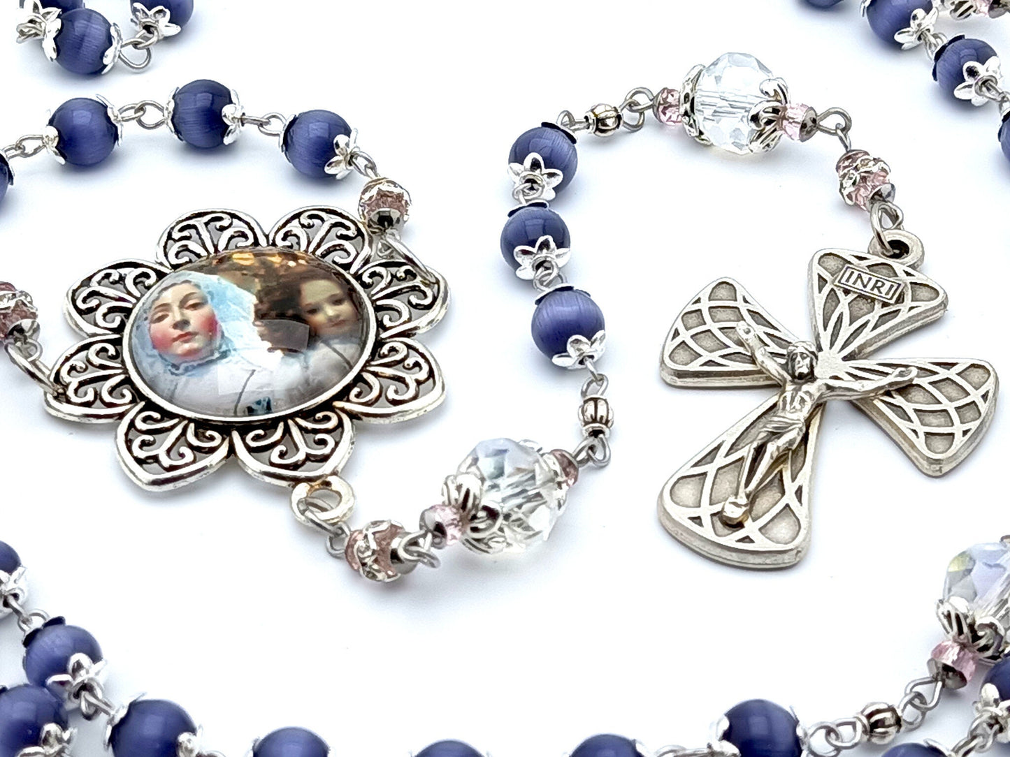 Our Lady of Good Success unique rosary beads with purple tigers eye and clear glass beads, silver harlequin crucifix and picture centre medal.