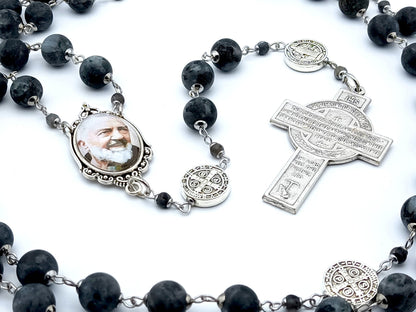 Saint Padre Pio unique rosary beads with dark grey gemstone beads, silver pater beads, crucifix and picture centre medal.