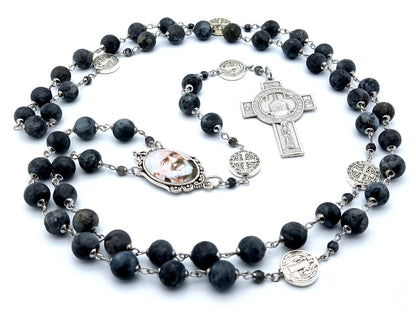 Saint Padre Pio unique rosary beads with dark grey gemstone beads, silver pater beads, crucifix and picture centre medal.