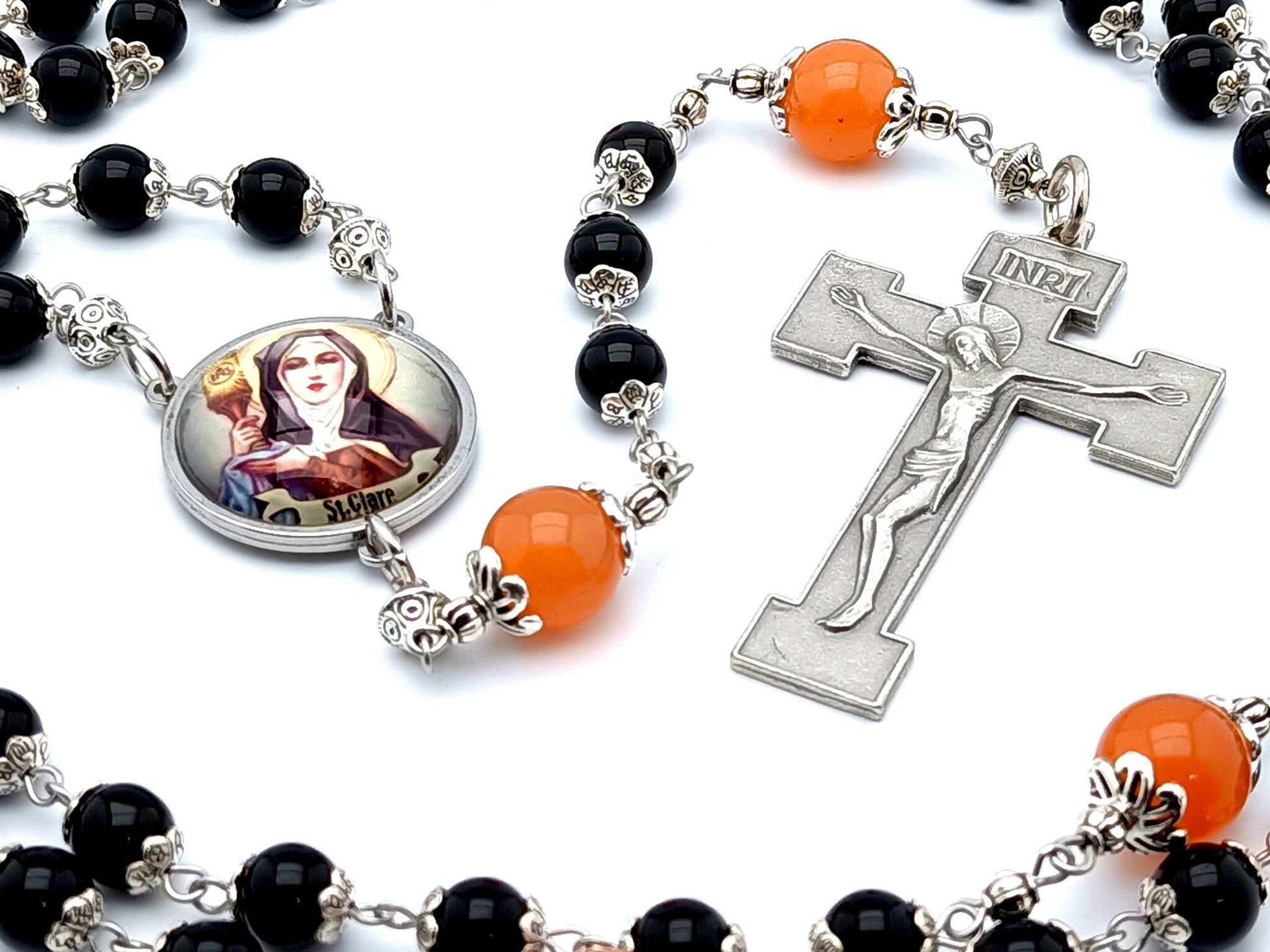 Saint Clare unique rosary beads with black onyx and tangerine gemstone beads, silver crucifix and picture centre medal.